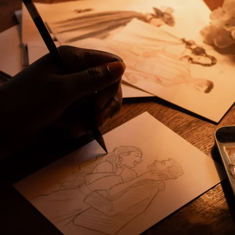 Main d'une artiste faisant un portrait au crayon sur papier