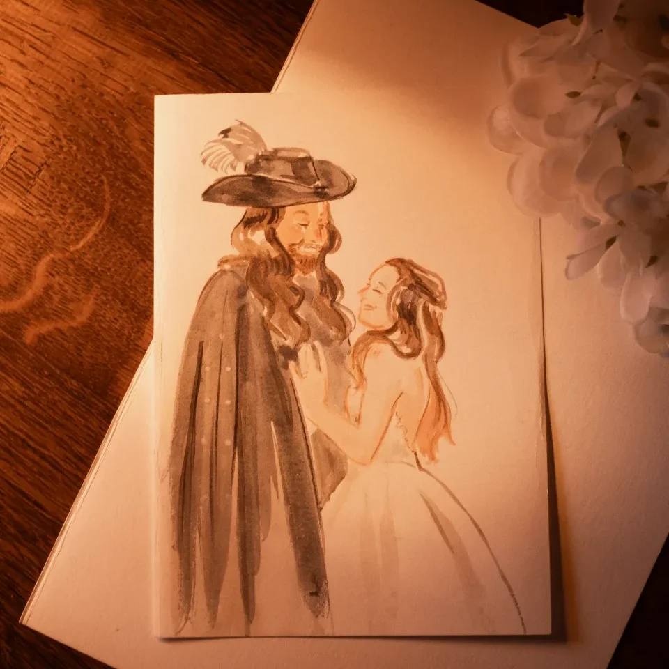 Dessin à l'aquarelle d'un couple en costume médiévale