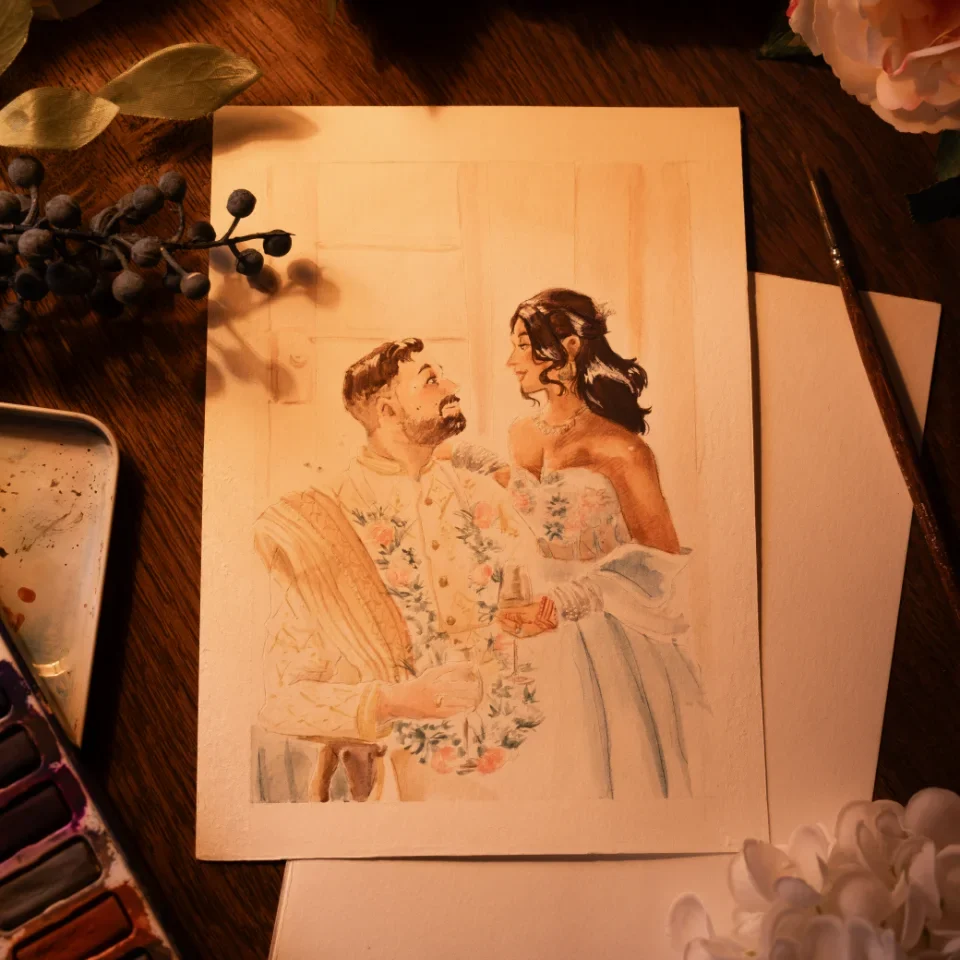 portrait à l'aquarelle d'un couple mariés en tenue indienne traditionnelle
