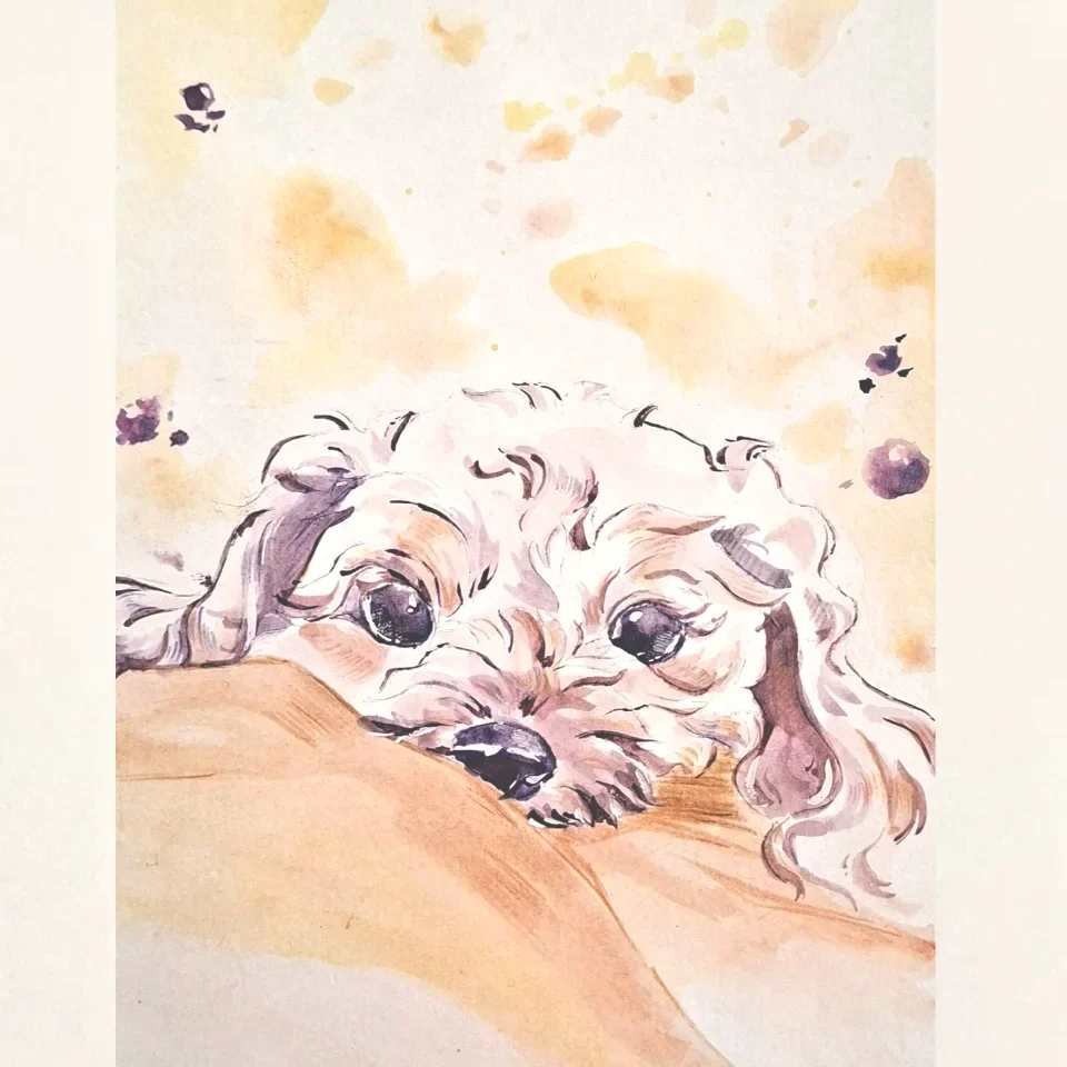Illustration à l'aquarelle d'un chien blanc aux yeux noirs