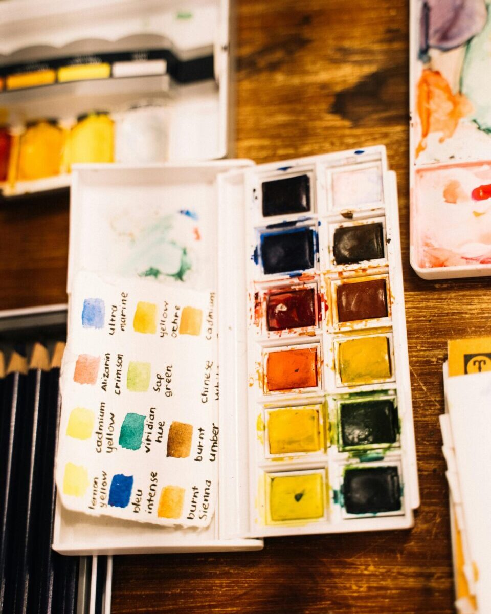 A watercolor palette with vibrant colors and swatches arranged neatly on a wooden surface.